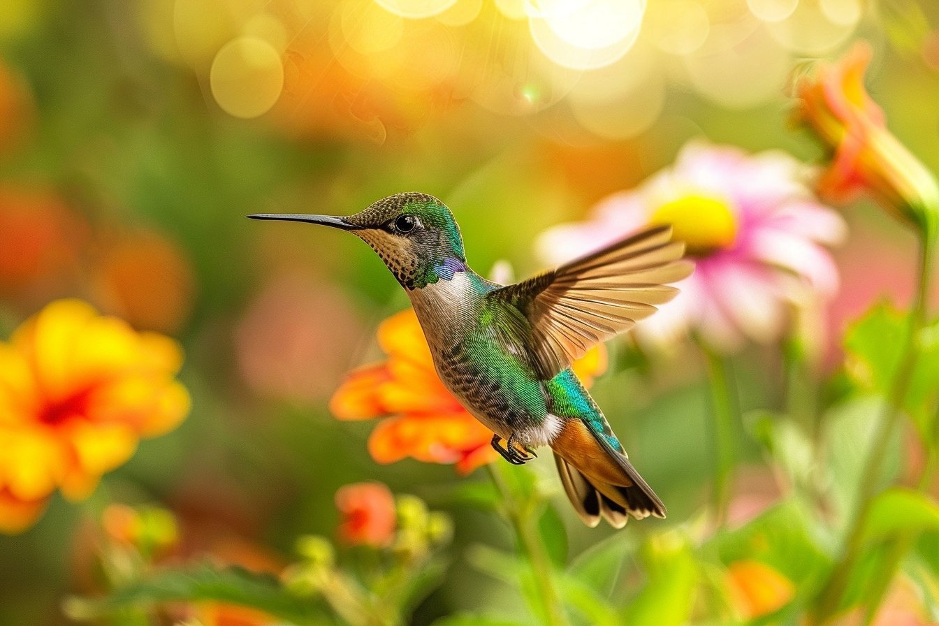 Des colibris aux couleurs chatoyantes virevoltent dans les air